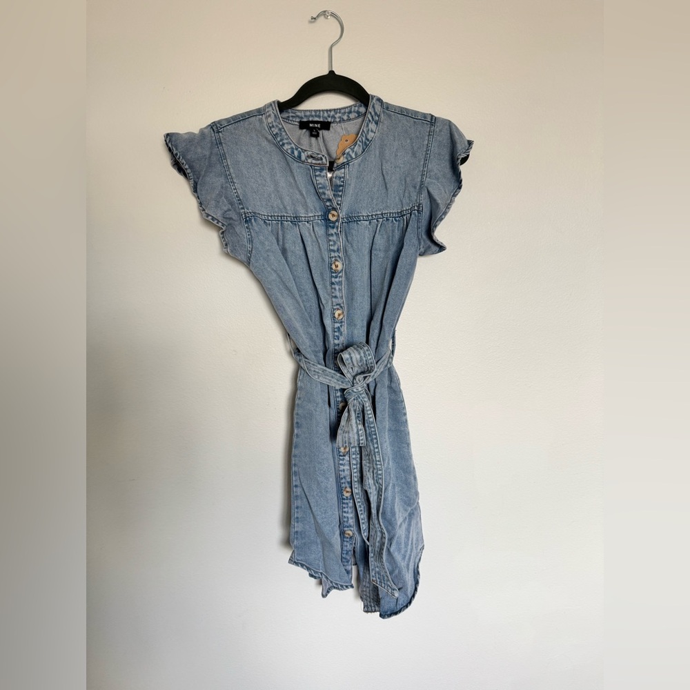 Mine Blue Denim Ruffle Sleeve Mini Dress